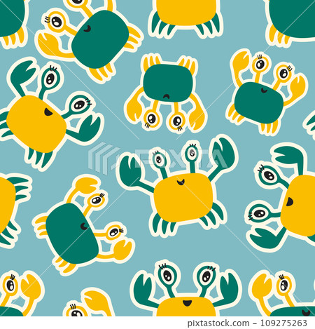 Cute colored childish seamless repeating simple flat pattern with crabs in Scandinavian style. Cute colored childish seamless repeating simple flat pattern with crabs in Scandinavian style. 109275263