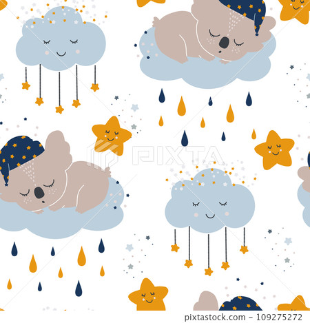 Cute seamless pattern with cute sleeping koalas, clouds, moons and drops.  109275272
