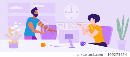 Family in the home office. Guys talk emotionally. Window with indoor plants. Vector illustration 109275854