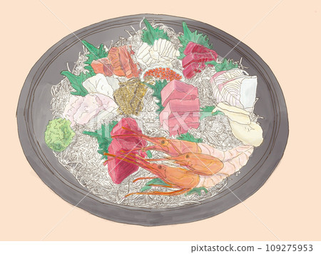 Sashimi of tuna, yellowtail, salmon, shrimp, salmon roe, etc. 109275953
