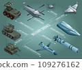 Military Drones of Uncrewed Marine Vehicles horizontal flowchart. Isometric icons of different types of military unmanned vehicles. Vector illustration on isolated background 109276162