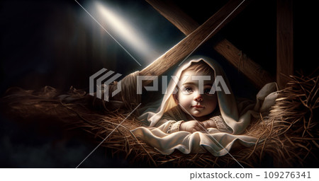 Oil painting nativity scene with baby Jesus close up with a sweet and expressive face.Christmas greetings Banner. Generative Ai 109276341