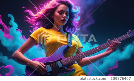 Girl with a guitar in neon light 109276407