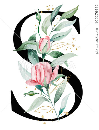 Black letter S with pink watercolor flowers and green and golden leaves, isolated illustration 109276452