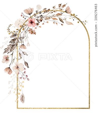 Frame with watercolor autumn brown wild flowers and leaves, wedding illustration 109276463