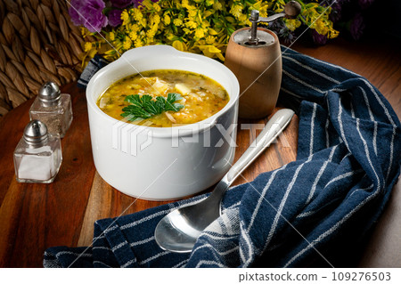 Barley soup with vegetables and chicken. Barley soup with vegetables and chicken. 109276503