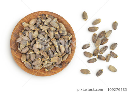 Seeds of a milk thistle or Silybum marianum, Scotch Thistle, Marian thistle in wooden bowl isolated on white background. Top view. Flat lay Seeds of a milk thistle or Silybum marianum, Scotch Thistle, Marian thistle in wooden bowl isolated on white background. Top view. Flat lay 109276583