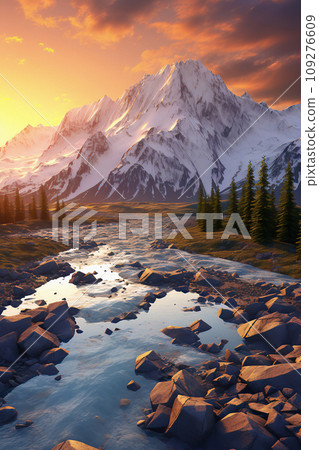 Snow-covered mountain peak under a sunset sky with a reflective river in the foreground. 109276609