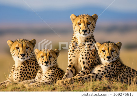 Four cheetahs resting together on the savanna 109276613
