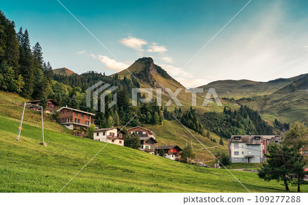Mountain village of Stoos surrounded by Swiss Alps, in summer at Schwyz, Switzerland Mountain village of Stoos surrounded by Swiss Alps, in summer at Schwyz, Switzerland 109277288