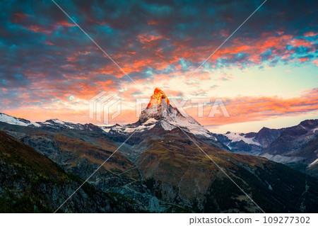 Matterhorn iconic mountain with colorful sky in the morning at Zermatt, Switzerland Matterhorn iconic mountain with colorful sky in the morning at Zermatt, Switzerland 109277302