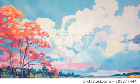 [AI生成圖像/AI插圖]水彩畫，秋天的樹葉和天空 109277444