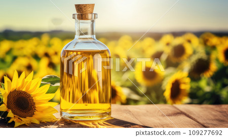 Sunflower oil. Transparent glass bottle with yellow sunflower oil on wooden table, backdrop of sunflower field. Sunny day. With copy space. Organic eco food. For advertising, posters, banners, labels Sunflower oil. Transparent glass bottle with yellow sunflower oil on wooden table, backdrop of sunflower field. Sunny day. With copy space. Organic eco food. For advertising, posters, banners, labels 109277692