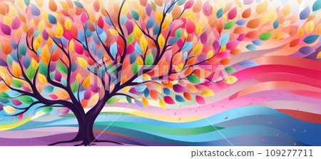 Abstract background banner with tree with colorful leaves. Surreal Stained glass illustration. With copy space. Mockup, template for design, card, greeting card, poster, banner. Poster for the holiday Abstract background banner with tree with colorful leaves. Surreal Stained glass illustration. With copy space. Mockup, template for design, card, greeting card, poster, banner. Poster for the holiday 109277711