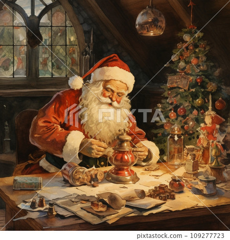 [AI-generated image/AI illustration] Santa Claus imagines developing a new toy and making people happy 109277723