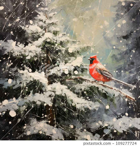 [AI generated image/AI illustration] Red bird in a snowstorm 109277724