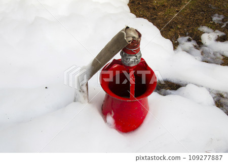 Fire hose with foam. Foam machine to extinguish a fire. Fire hose with foam. Foam machine to extinguish a fire. 109277887