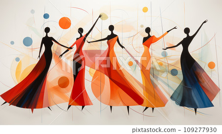 Harmony in Contrast. Stark Dancer Silhouettes Juxtaposed with the Vibrant Chaos of Abstract Artistry Harmony in Contrast. Stark Dancer Silhouettes Juxtaposed with the Vibrant Chaos of Abstract Artistry 109277930