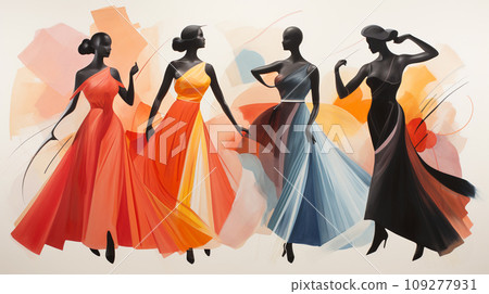 Harmony in Contrast. Stark Dancer Silhouettes Juxtaposed with the Vibrant Chaos of Abstract Artistry Harmony in Contrast. Stark Dancer Silhouettes Juxtaposed with the Vibrant Chaos of Abstract Artistry 109277931