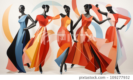 Harmony in Contrast. Stark Dancer Silhouettes Juxtaposed with the Vibrant Chaos of Abstract Artistry Harmony in Contrast. Stark Dancer Silhouettes Juxtaposed with the Vibrant Chaos of Abstract Artistry 109277932