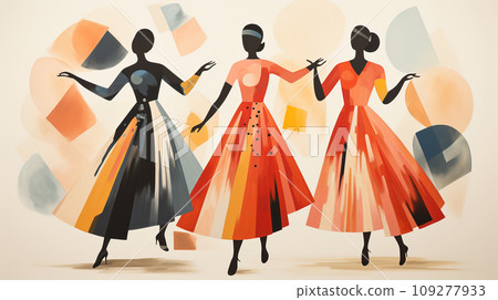 Harmony in Contrast. Stark Dancer Silhouettes Juxtaposed with the Vibrant Chaos of Abstract Artistry Harmony in Contrast. Stark Dancer Silhouettes Juxtaposed with the Vibrant Chaos of Abstract Artistry 109277933