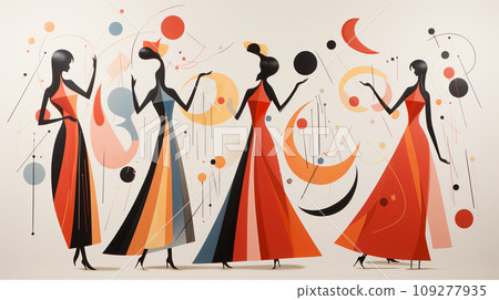 Harmony in Contrast. Stark Dancer Silhouettes Juxtaposed with the Vibrant Chaos of Abstract Artistry Harmony in Contrast. Stark Dancer Silhouettes Juxtaposed with the Vibrant Chaos of Abstract Artistry 109277935