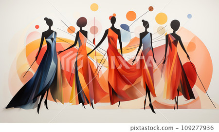 Harmony in Contrast. Stark Dancer Silhouettes Juxtaposed with the Vibrant Chaos of Abstract Artistry 109277936