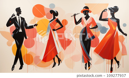 Harmony in Contrast. Stark Dancer Silhouettes Juxtaposed with the Vibrant Chaos of Abstract Artistry Harmony in Contrast. Stark Dancer Silhouettes Juxtaposed with the Vibrant Chaos of Abstract Artistry 109277937