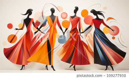 Harmony in Contrast. Stark Dancer Silhouettes Juxtaposed with the Vibrant Chaos of Abstract Artistry Harmony in Contrast. Stark Dancer Silhouettes Juxtaposed with the Vibrant Chaos of Abstract Artistry 109277938