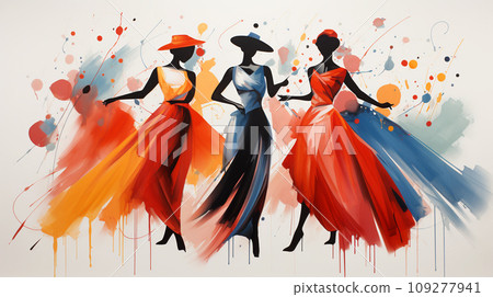 Harmony in Contrast. Stark Dancer Silhouettes Juxtaposed with the Vibrant Chaos of Abstract Artistry Harmony in Contrast. Stark Dancer Silhouettes Juxtaposed with the Vibrant Chaos of Abstract Artistry 109277941