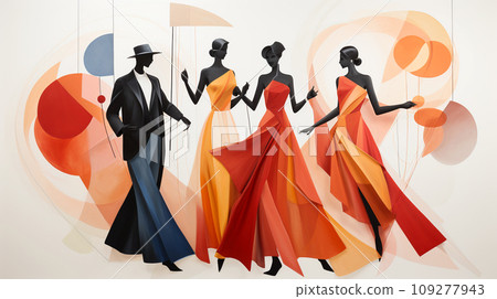 Harmony in Contrast. Stark Dancer Silhouettes Juxtaposed with the Vibrant Chaos of Abstract Artistry Harmony in Contrast. Stark Dancer Silhouettes Juxtaposed with the Vibrant Chaos of Abstract Artistry 109277943