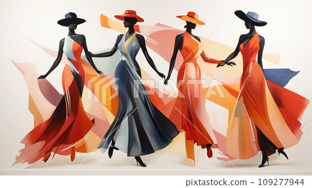 Harmony in Contrast. Stark Dancer Silhouettes Juxtaposed with the Vibrant Chaos of Abstract Artistry 109277944