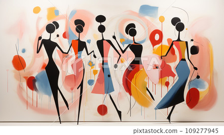 Harmony in Contrast. Stark Dancer Silhouettes Juxtaposed with the Vibrant Chaos of Abstract Artistry Harmony in Contrast. Stark Dancer Silhouettes Juxtaposed with the Vibrant Chaos of Abstract Artistry 109277945