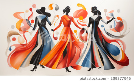 Harmony in Contrast. Stark Dancer Silhouettes Juxtaposed with the Vibrant Chaos of Abstract Artistry Harmony in Contrast. Stark Dancer Silhouettes Juxtaposed with the Vibrant Chaos of Abstract Artistry 109277946