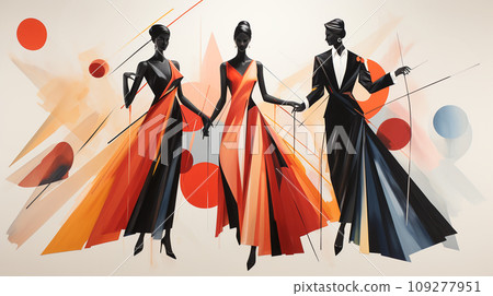Harmony in Contrast. Stark Dancer Silhouettes Juxtaposed with the Vibrant Chaos of Abstract Artistry 109277951