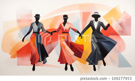 Harmony in Contrast. Stark Dancer Silhouettes Juxtaposed with the Vibrant Chaos of Abstract Artistry 109277953