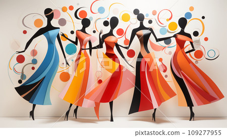 Harmony in Contrast. Stark Dancer Silhouettes Juxtaposed with the Vibrant Chaos of Abstract Artistry Harmony in Contrast. Stark Dancer Silhouettes Juxtaposed with the Vibrant Chaos of Abstract Artistry 109277955