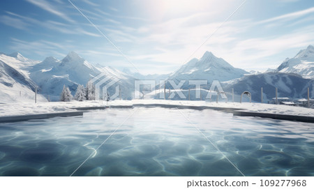 Outdoor swimming pool among the snow against the backdrop of snow-capped mountains at a ski resort, during the winter holidays. 109277968