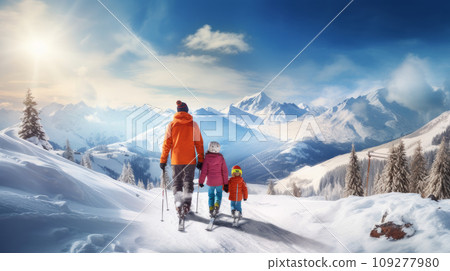 Happy mother with two children walk along snow-capped mountains with a beautiful landscape at a ski resort, during vacation and winter holidays. 109277980