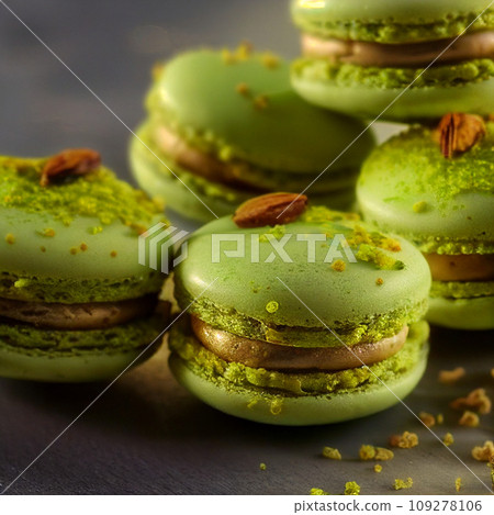 Green pistachio macarons 3d illustration, sweet french biscuit cookies, delicious almond macaroons dessert on neutral background Green pistachio macarons 3d illustration, sweet french biscuit cookies, delicious almond macaroons dessert on neutral background 109278106