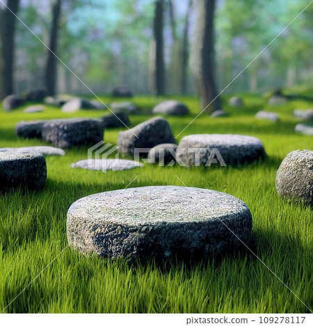 Flat round stone pedestal on the grass realistic 3d illustration, forest on the background scenery, empty product podium in natural environment, green trees around, soft day light Flat round stone pedestal on the grass realistic 3d illustration, forest on the background scenery, empty product podium in natural environment, green trees around, soft day light 109278117