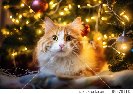 A cat on Christmas background, adorned with twinkling lights and a festive tree 109278118