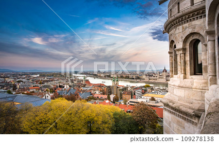Hungarian Parliament Building in Budapest, amazing view from Fisherman's Bastion during sunset Hungarian Parliament Building in Budapest, amazing view from Fisherman's Bastion during sunset 109278138