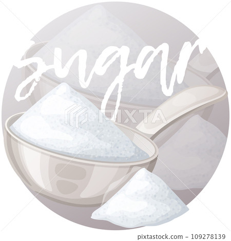 White sugar in metallic spoon. Cartoon vector icon on gradient background 109278139