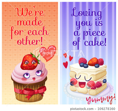 Cute food characters with funny flirty quotes. We are made for each other and Loving you is a piece of cake sweet puns Cute food characters with funny flirty quotes. We are made for each other and Loving you is a piece of cake sweet puns 109278160