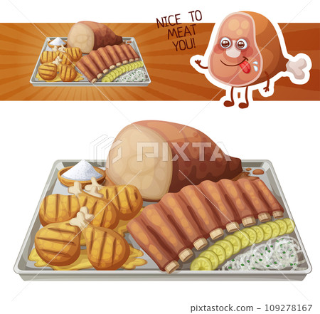 Texas BBQ medley icon. Vector illustration of barbecue meat on tin tray with white onions and gerkins 109278167