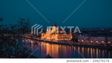 Budapest, Hungary. Night view on Parliament building over delta of Danube river. Budapest, Hungary. Night view on Parliament building over delta of Danube river. 109278178