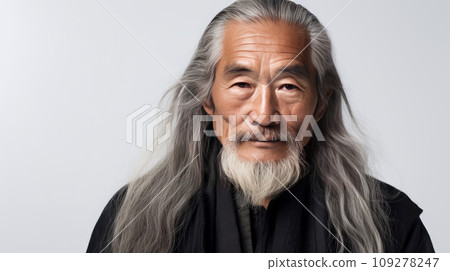 Portrait of an elderly handsome Asian senior man old with gray long hair, on a white background, banner. 109278247