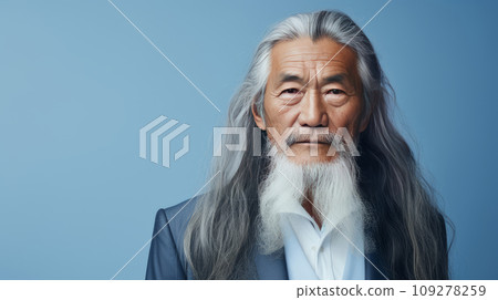 Portrait of an elderly handsome Asian senior man old with gray long hair, on a light blue background, banner. 109278259