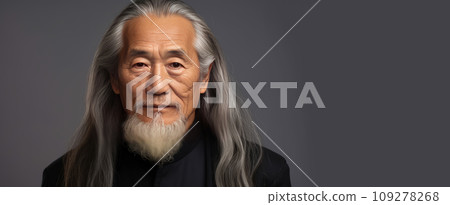 Portrait of an elderly handsome Asian senior man old with gray long hair, on a silver background, banner. 109278268